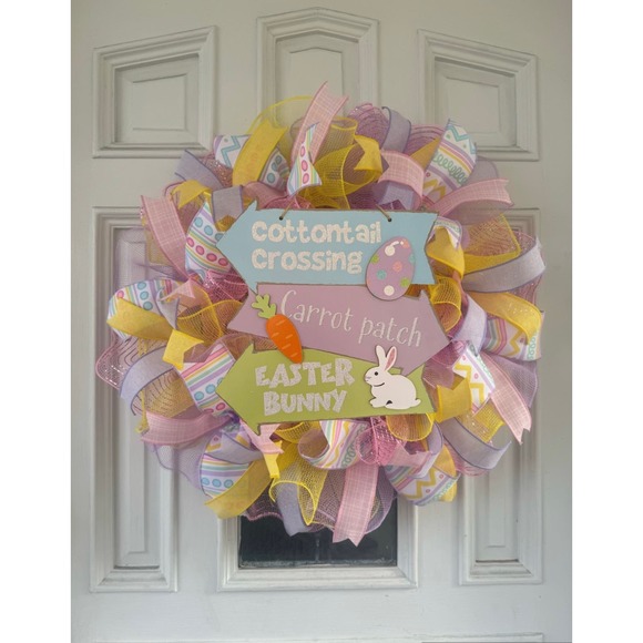 Easter Bunny Cottontail Crossing Mesh Ribbon Easter Wreath Front Door Hanger - Picture 1 of 5